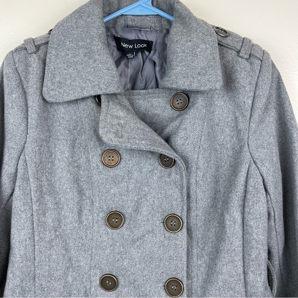 NWT New Look Girls Wool Blend Pea Coat Size L Gray Buttons Pockets - Picture 5 of 16
